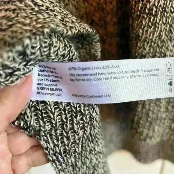 EILEEN FISHER black-beige marled V-neck‎ sweater in linen-wool blend. Long. Med - Picture 4 of 4